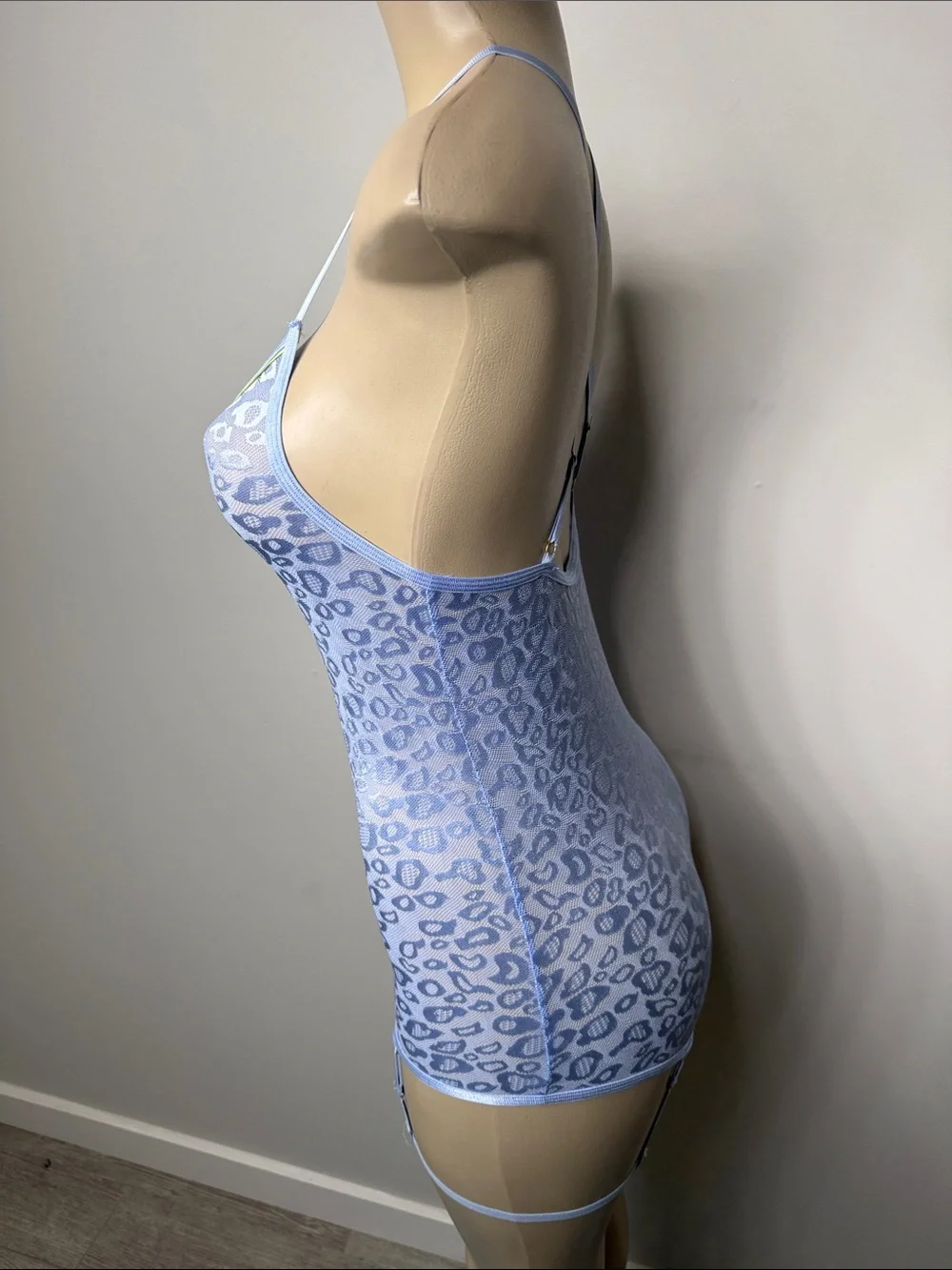 Blue Sheer Leopard Lace Slip with Garter Straps - Women's Intimates